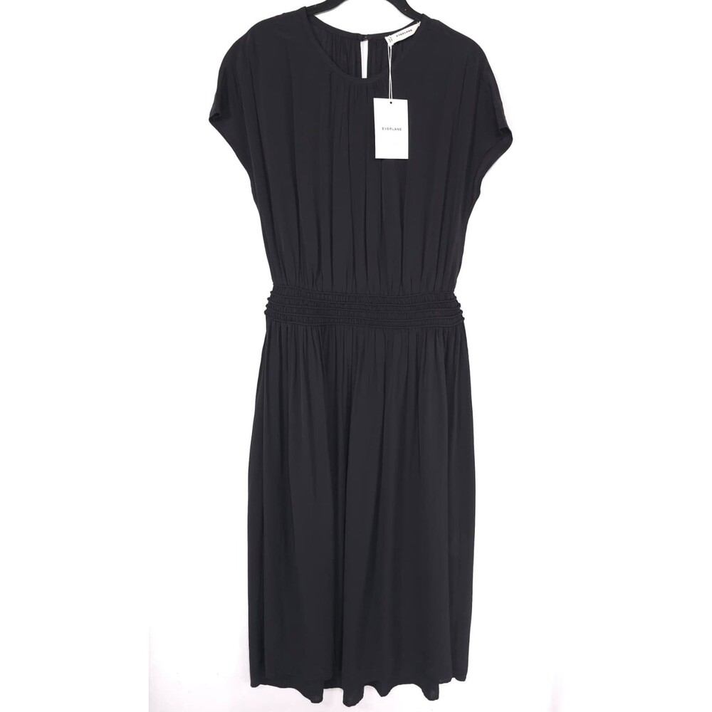 EVERLANE Women's New SMALL Midi Dress Black Smocked Waist Minimalist